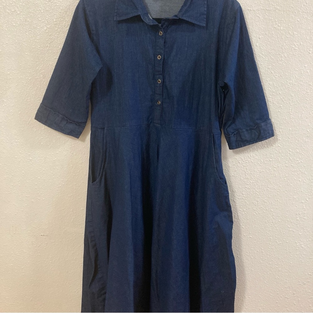 Blue Midi Polo Dress with Cuffed 3/4 Sleeves - Picture 4 of 13